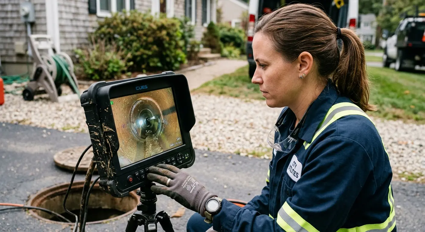 Technician reviewing sewer camera inspection footage in North Merritt Island