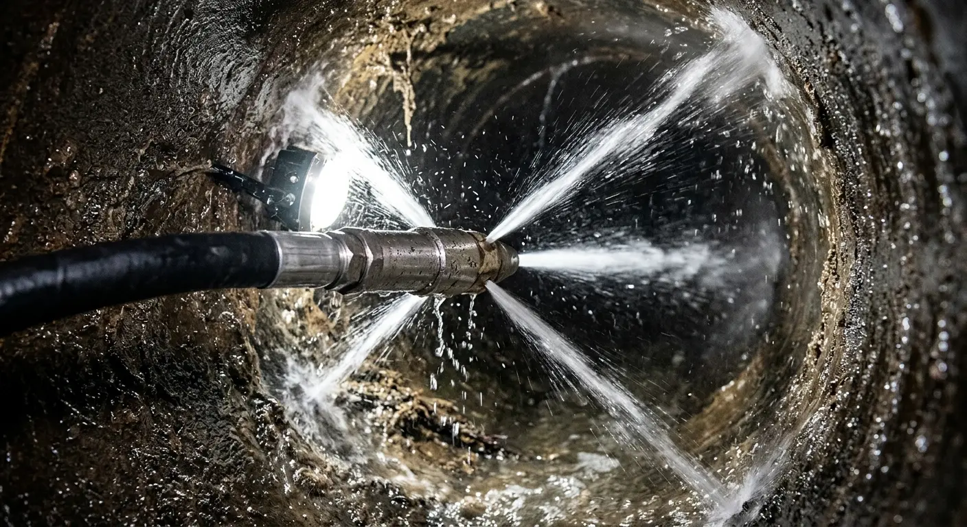 High-pressure hydro jetting nozzle cleaning sewer pipe for Trenchless Sewer Repair in North Merritt Island