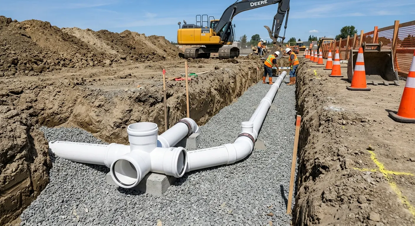 New PVC sewer pipe installation in open trench for Commercial Drain Cleaning in North Merritt Island