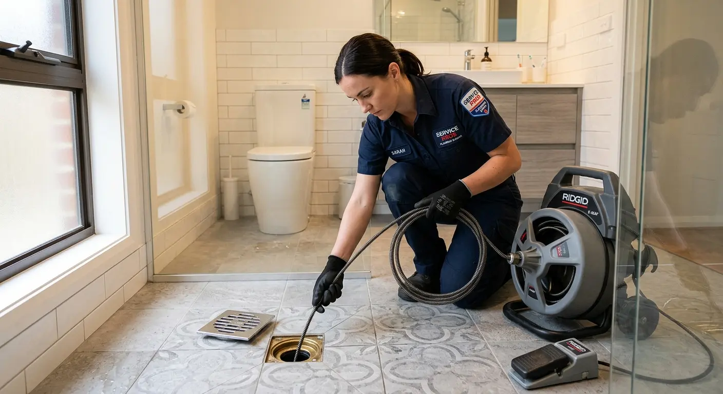 Technician clearing a bathroom floor drain for Clogged Drain Repair in North Merritt Island
